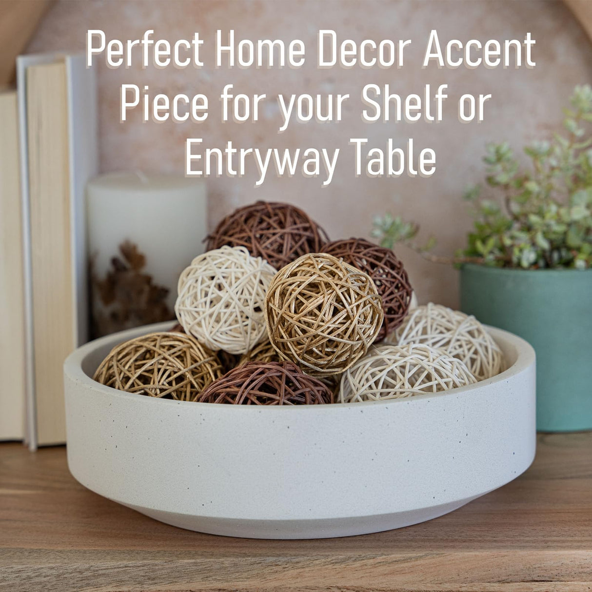 VELOVA Large White Concrete Decorative Bowl with 24 Decorative Balls, Fruit Key Holder Bowls Boho Modern Home Decor Accent for Dining Room Centerpiece Living Room Coffee Table Shelf Entryway Rattan VELOVA