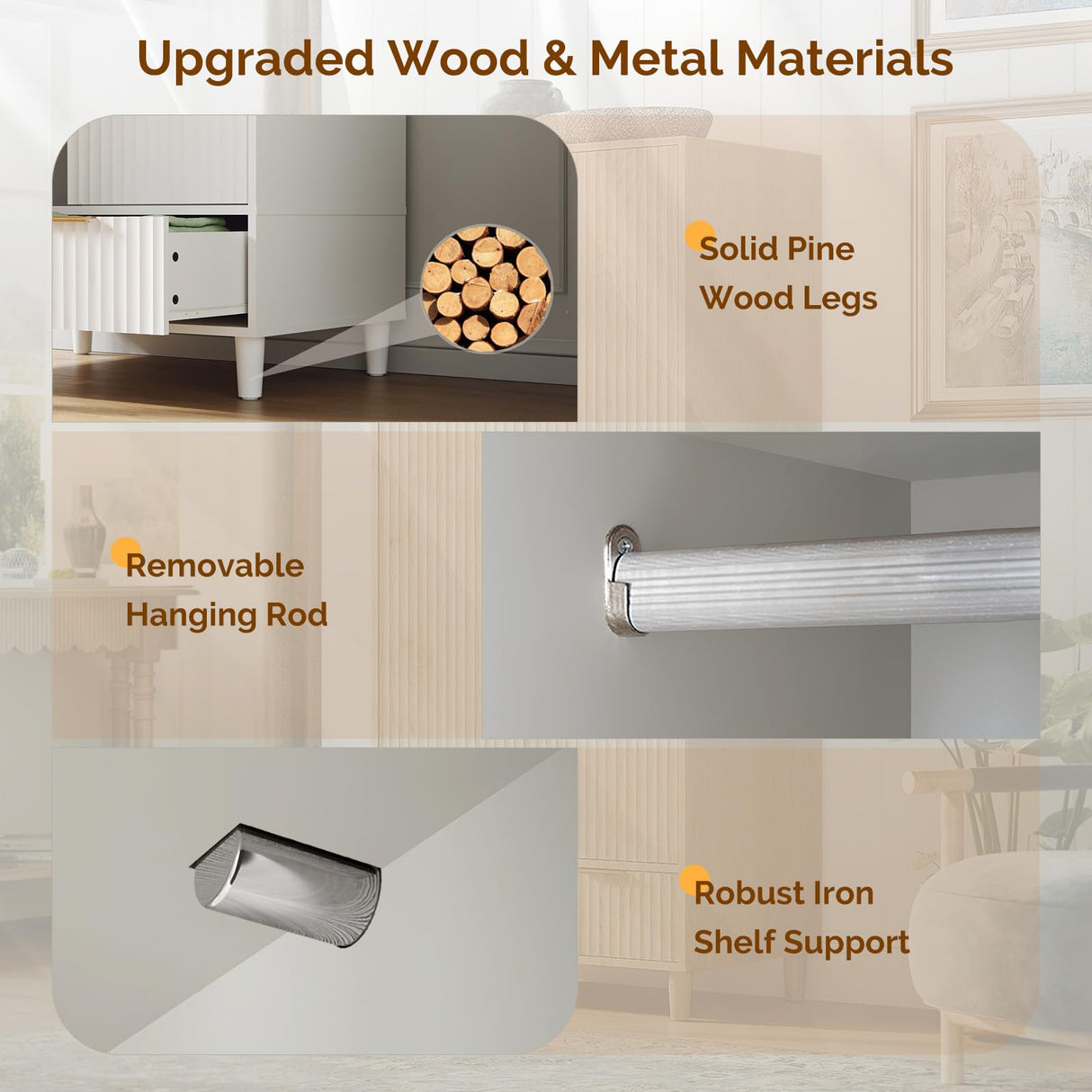 VINGLI Fluted Wardrobe Closet Armoire with Doors And Drawers, White Wardrobe Cabinet with Hanging Rack, Bedroom Closet Wood, Free Standing Armoire with Shelf and Solid Wood Legs, 31.5"W*19.7"D*69.3"H VINGLI