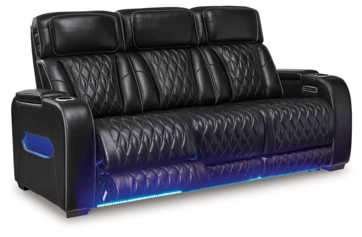 Signature Design by Ashley Boyington Contemporary Leather Match Power Reclining Sofa with Adjustable Headrest, Cup Holder, USB Charging Ports, Air Massage System and LED Lighting, Black Signature Design by Ashley
