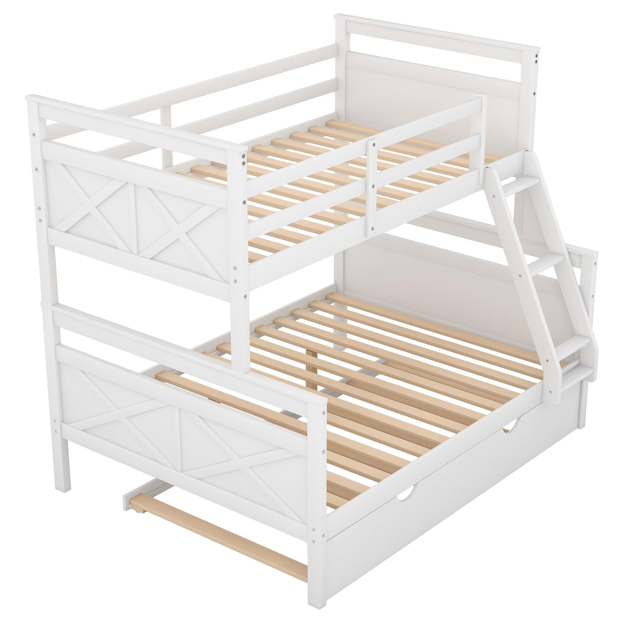 Twin Over Full Bunk Bed with Trundle, Wood Bunk Bed Twin Over Full with Safety Guardrail & Ladder, Convertible to 3 Separated Beds, Perfect for Kids, Teens,Adults,Bedroom Furniture,White Harper & Bright Designs