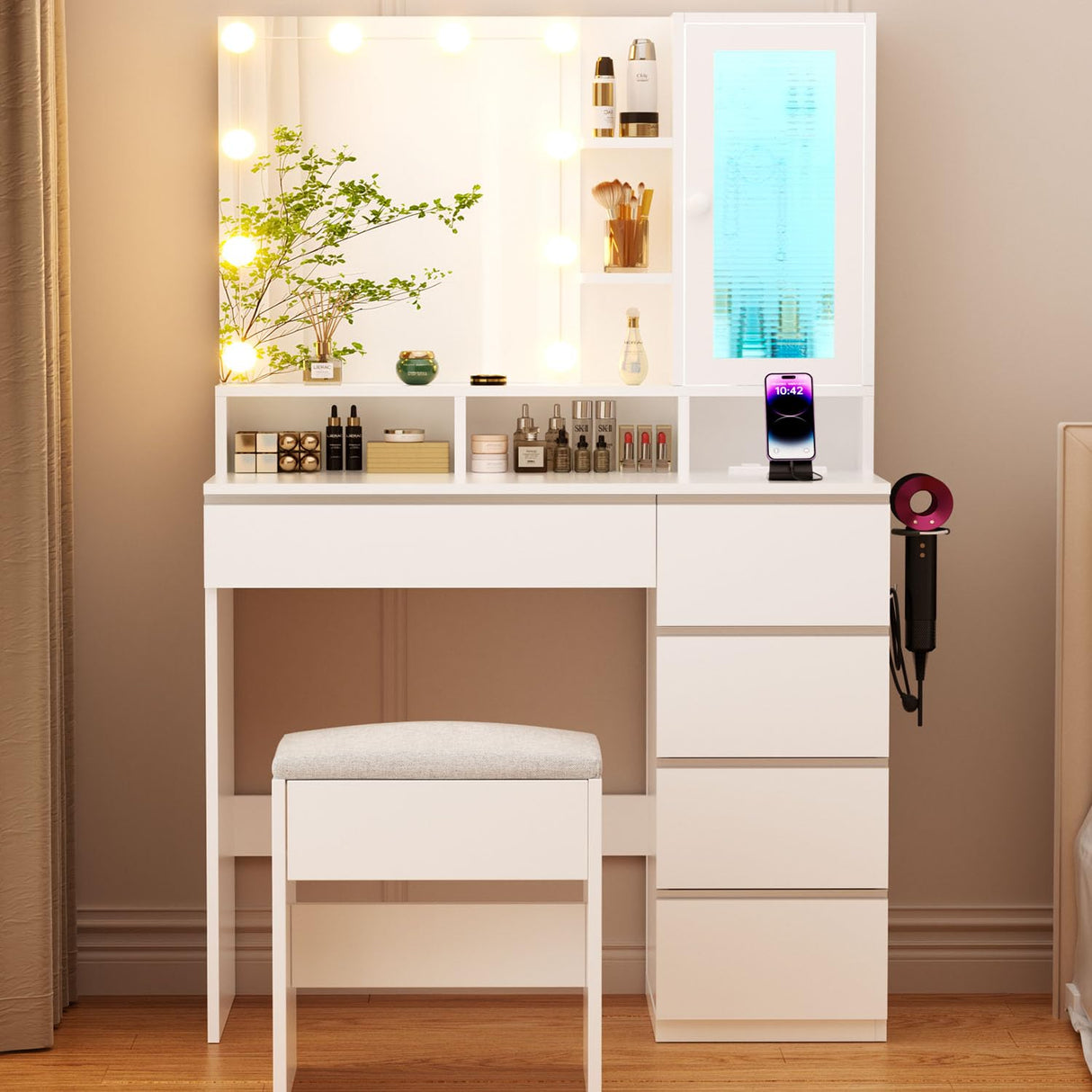ERLEJIA Vanity, Vanity with Mirror and Lights, 35.43" Makeup Vanity Desk with Stool and Power Strip, Dressing Table with 6 Drawers and 6 Open Shelves with RGB LED Lighting Cabinet, White ERLEJIA
