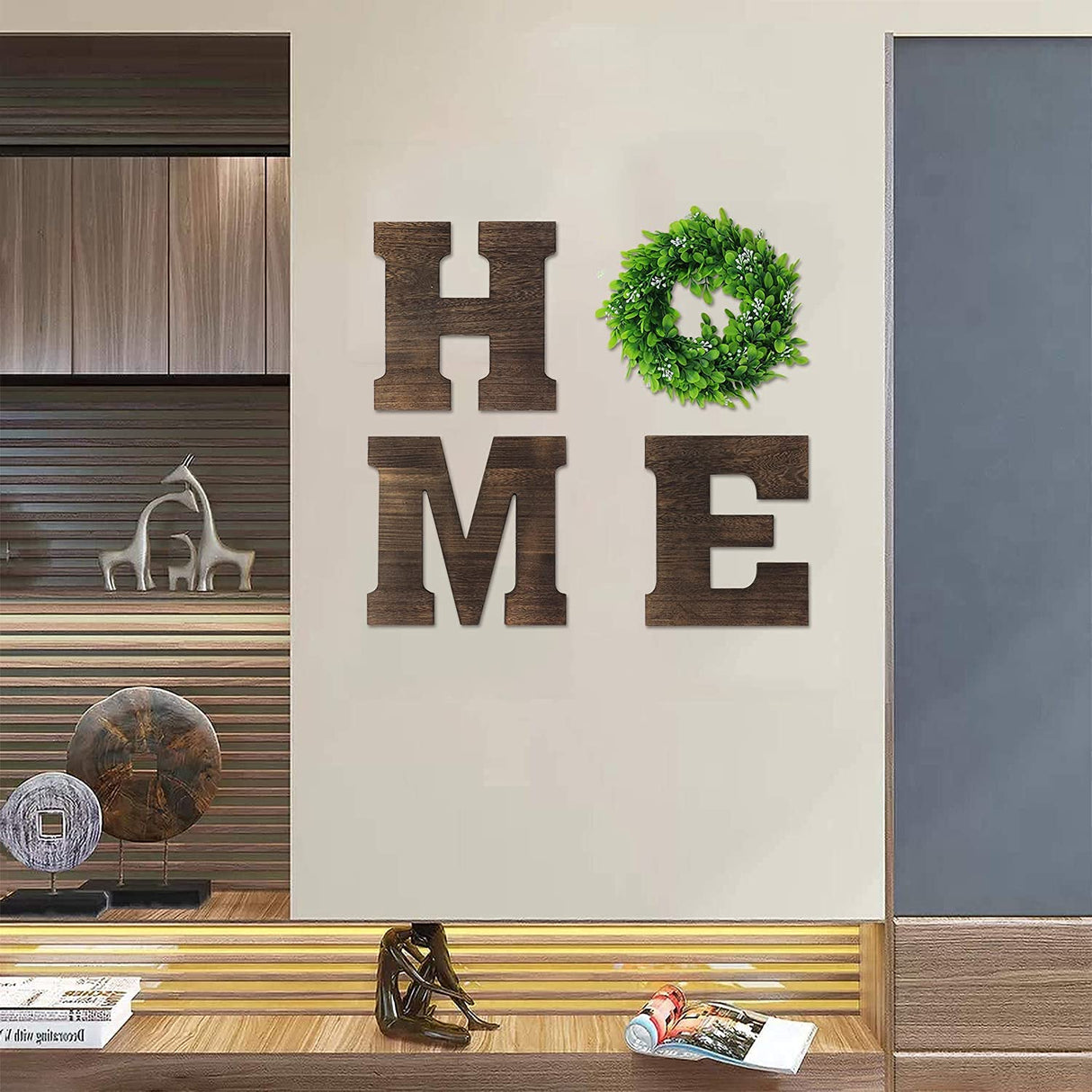 GLIWEN Wooden Home Sign Wall Decor with Artificial Wreath Hanging Wood Home Letters Farmhouse Home Decor for Wall Art Living Room Bedroom Kitchen Doorway,Brown GLIWEN