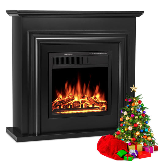 36" Electric Fireplace with Mantel Wooden Surround Firebox Fireplace TV Stand with Logs, Adjustable Led Flame, Remote Control, 750W-1500W,Black