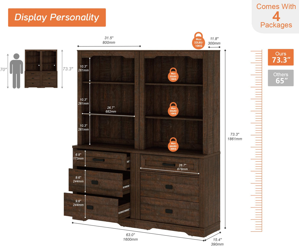 WAMPAT 2 Column 73.3" Tall Bookcase with Chest of Drawers, 63 inch Wide Standing Rustic Bookshelves, Modern Farmhouse Display Storage Cabinet with Adjustable Shelves,Dark Wood Brown WAMPAT