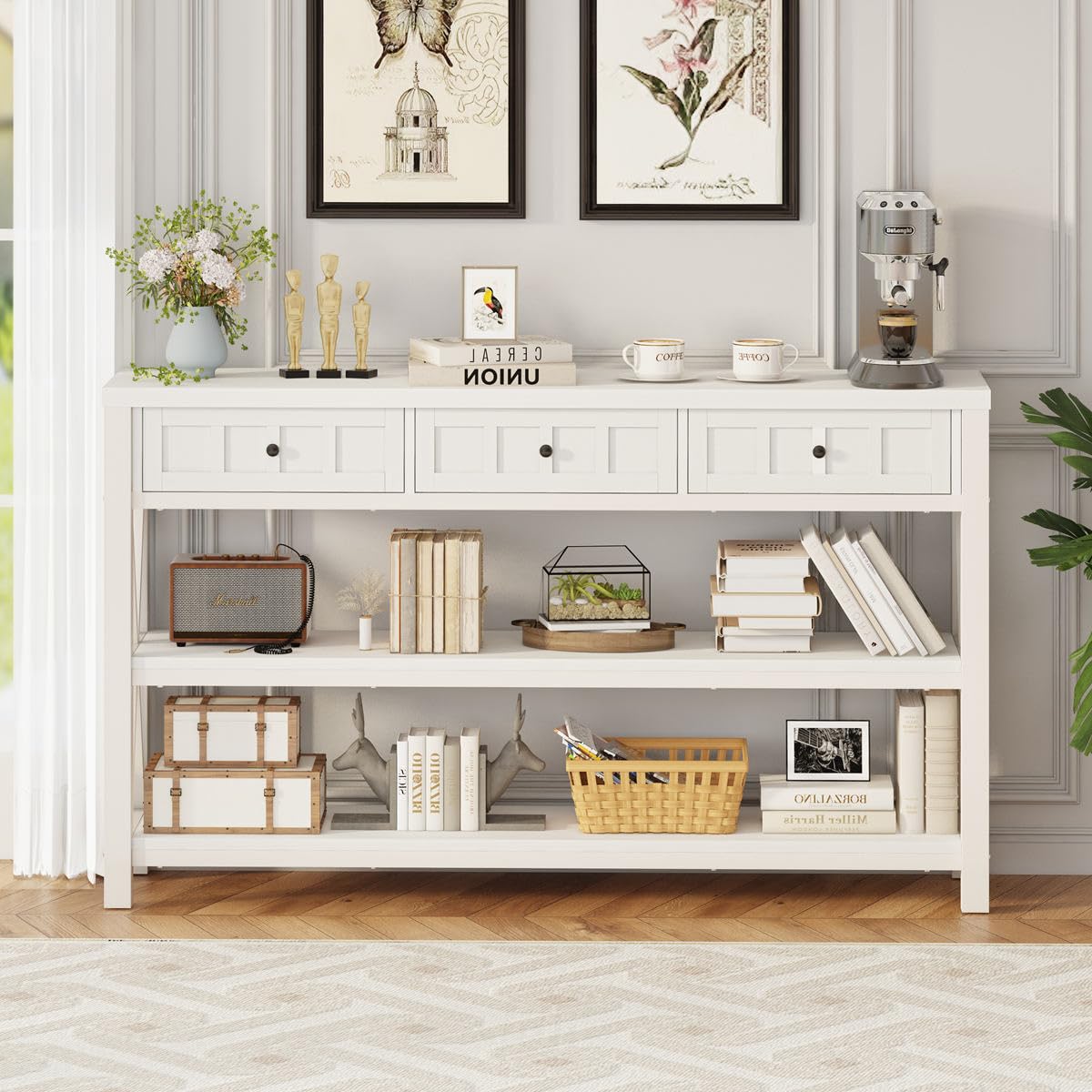 FATORRI Rustic Wood and Metal Console Table with 3 Drawers for Entryway and Living Room - White Oak - WoodArtSupply