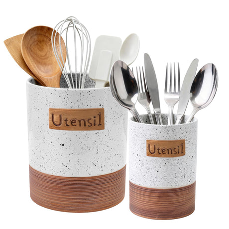 Alarrar Utensil Holder, 7.1"+5.4" Ceramic Kitchen Utensil Crock for Counter, Farmhouse Cooking Utensil Organizer for Spatula Spoon Silverware Vintage Kitchen Decor Accessories Set of 2, White Alarrar