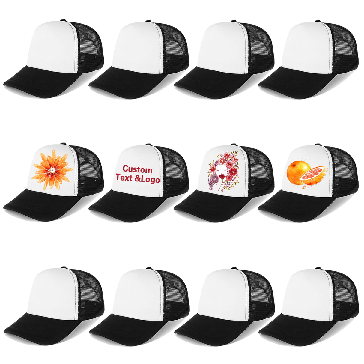Ultrafun 12 Pack Trucker Hat Summer Mesh Sublimation Blank Hats Adjustable Snapback Baseball Hats for Men Women (12Pack-Black White) Ultrafun