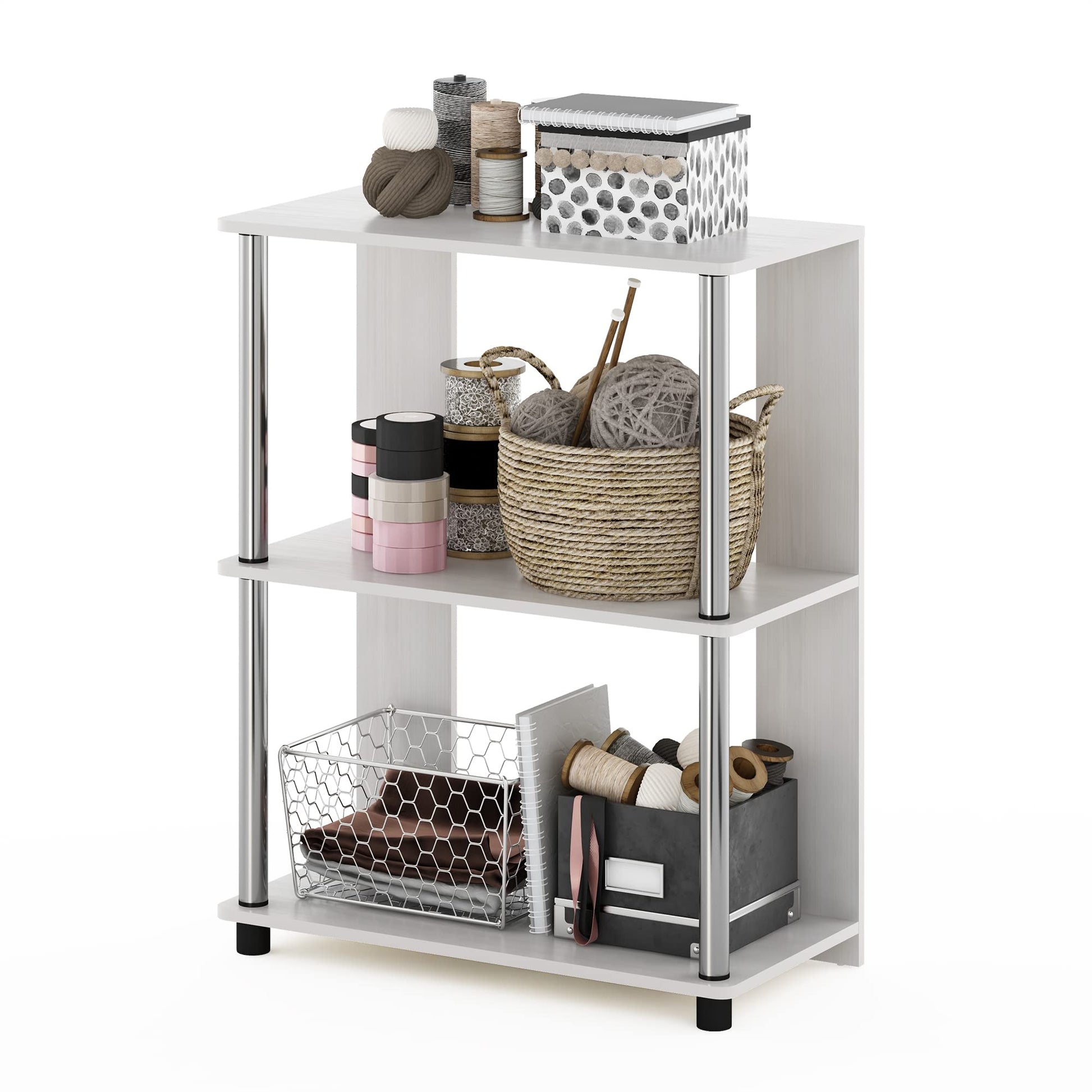 Furinno Jaya 3-Tier Bookcase with Stainless Steel Tubes in White Oak - WoodArtSupply