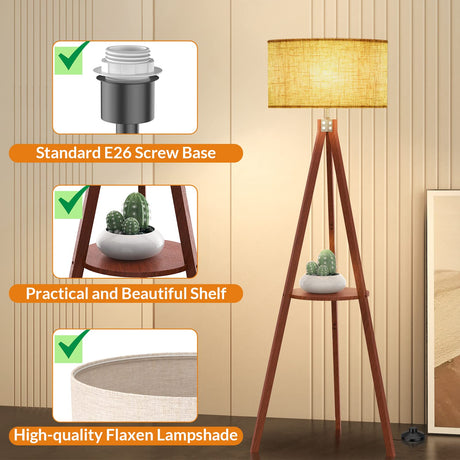 LEPOWER Tripod Floor Lamp, Mid Century Wood Standing Lamp, Modern Design Shelf Floor Lamp for Living Room, Bedroom, Office, Flaxen Lamp Shade with E26 Lamp Base LEPOWER