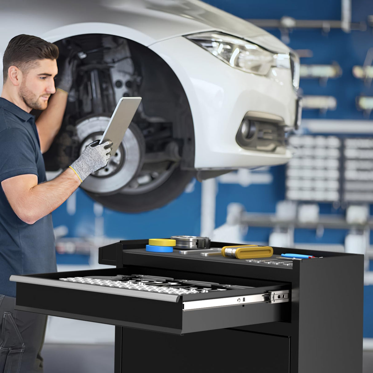 CMFYDAILY 5-Drawers Black Tool Chest, 2-in-1 Mechanic Rolling Tool Box Removable Lockable Tool Storage Cabinet, Metal Tool Cart with Drawers and Wheels for Garage, Workshop CMFYDAILY