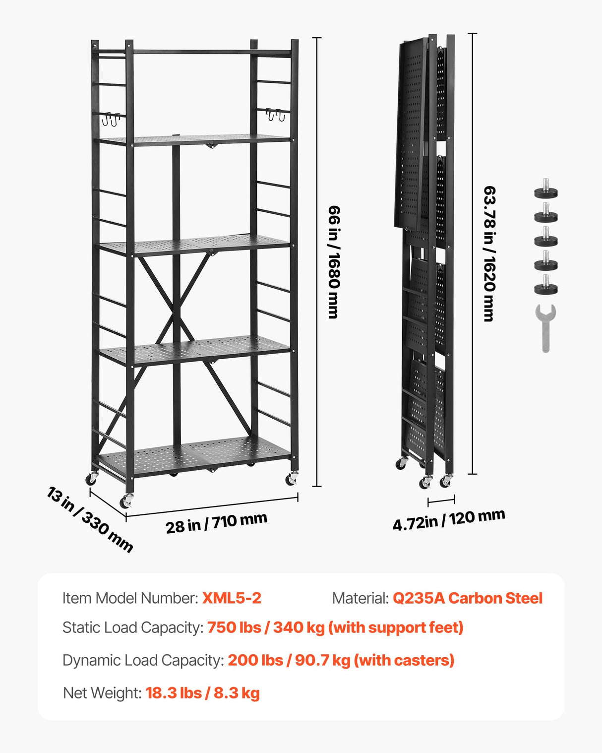 VEVOR 5-Tier Foldable Storage Shelf, 28W x 13D x 66H Inch Folding Metal Rack Shelving Unit, No Assembly Organizer Shelf with 5 Wheels & 4 Hooks for Pantry, Kitchen, Garage, Basement, Black VEVOR