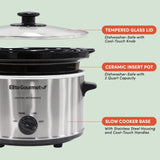 Elite Gourmet MST-275XS Electric Oval Slow Cooker, Adjustable Temp, Entrees, Sauces, Stews & Dips, Dishwasher Safe Glass Lid & Crock (2 Quart, Stainless Steel) Elite Gourmet