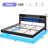 busyaeh Floating Bed Frame King with Storage & Headboard, Platform Frame with LED Lights, Upholstered King Size Floating Bed with Headboard, No Box Spring Needed, Noise-Free, Easy Assembly, PU Black busyaeh