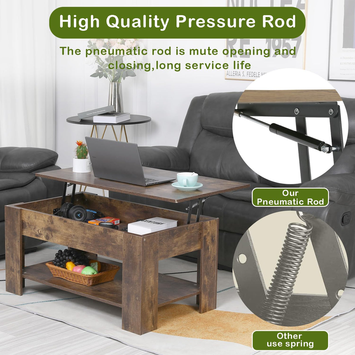 Ruesleag Coffee Table,Lift Top Coffee Table w/Hidden Compartment and Storage Shelf,Retro Wooden Lift Tabletop Dining Table Multifunctional Wooden Working Table for Home Office,39.4in L,Brown Ruesleag