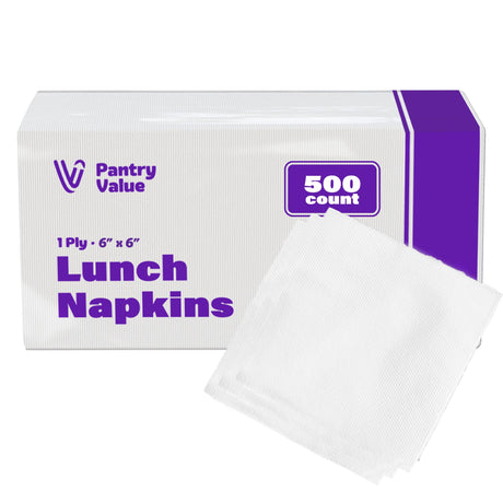 Pantry Value, [500 Count - 6x6 Inch folded] 1-ply White Lunch Napkins - Disposable Absorbent Paper Napkins for Everyday use, Events, Parties (12x12 Inch unfolded) Pantry Value