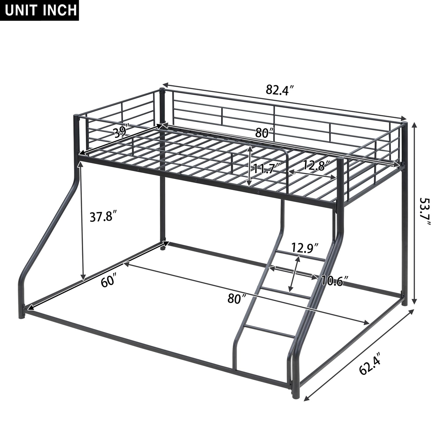 Harper & Bright Designs Metal Bunk Bed Twin XL Over Queen Size with Ladder and High Guardrail, Metal Bunk Bed, Storage Space, Noise Free, Black