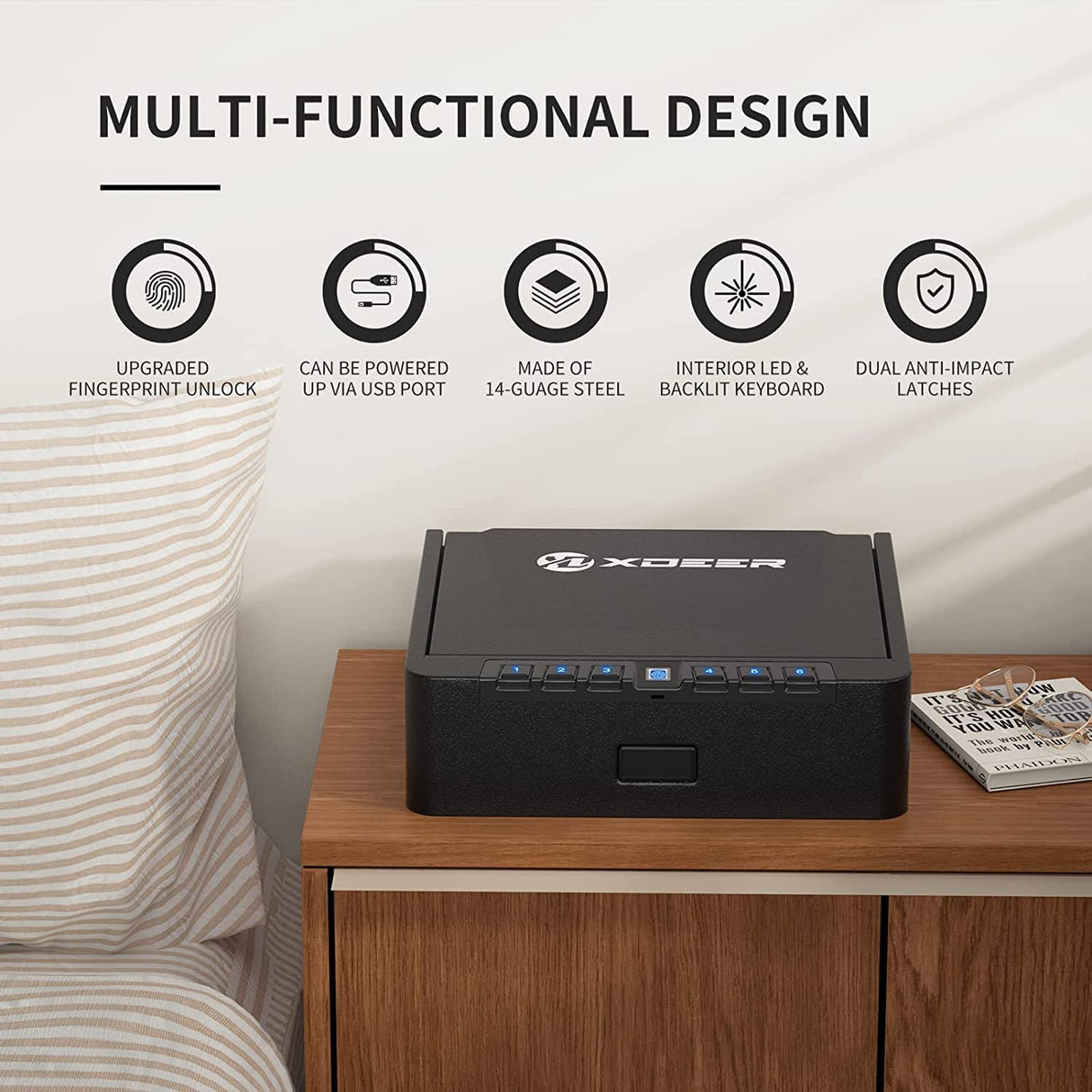 XDeer S005 Biometric Gun Safe for Pistols - Quick-Access, Upgraded Fingerprint Handgun Safe with USB Port, Keypad, and Silent Mode for Home, Bedside, Nightstand, and Car XDeer