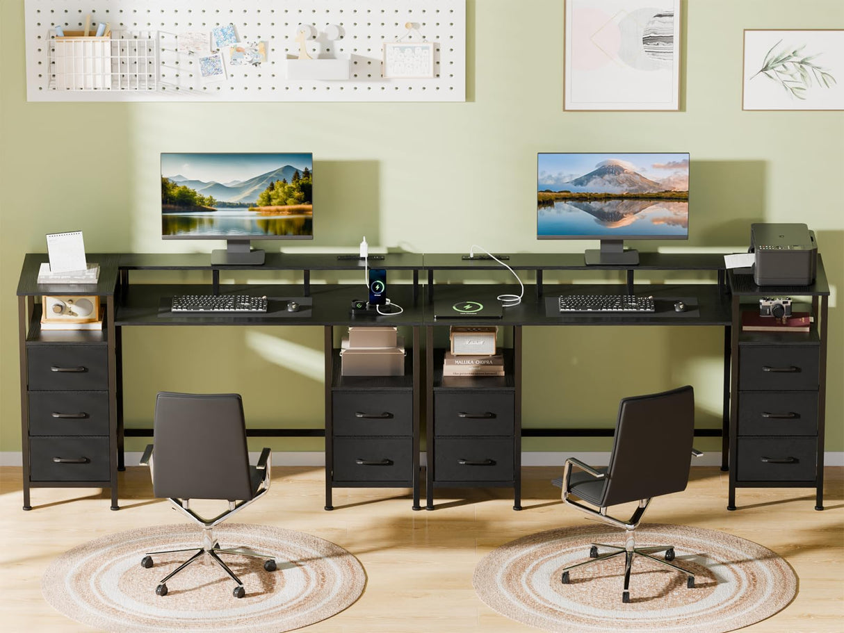 Korfile Computer Desk with Power Outlets & LED Lights, Gaming Desk with 5 Fabric Drawers for Bedroom, 47 Inch Home Office Desk with Monitor Stand & Storage Shelves for Working, Black Korfile