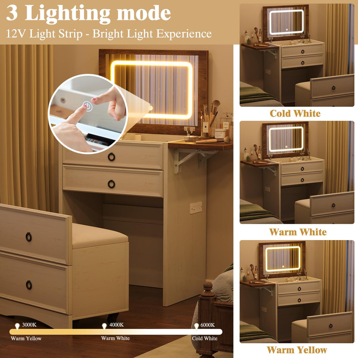 LUXOAK 3-in-1 Vanity Set with LED Lighted Flip Top Mirror, Makeup Table with Fold-Up Panel, Hidden Stool, Charging Station, Small Vanity for Bedroom & Dressing Room, Rustic White LUXOAK