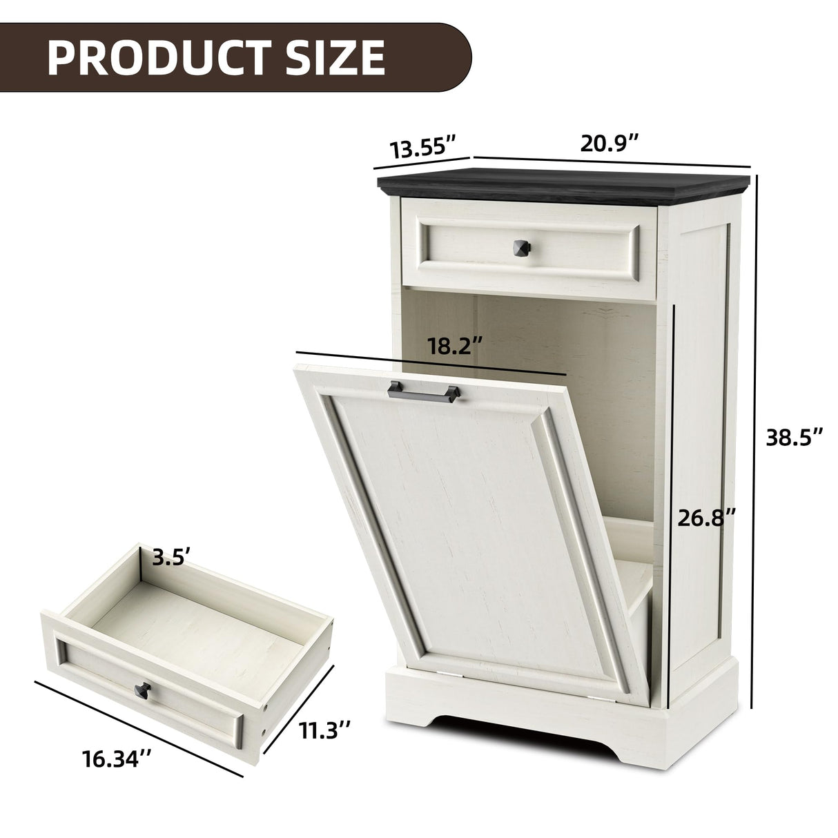 Spurgehom 13 Gallons Tilt Out Trash Cabinet Free Standing Kitchen Trash Garbage Bin Recycling Trash Cabinets with Hideaway Drawer Pet Proof Trash Can Holder for Kitchen, Antique White and Black Spurgehom