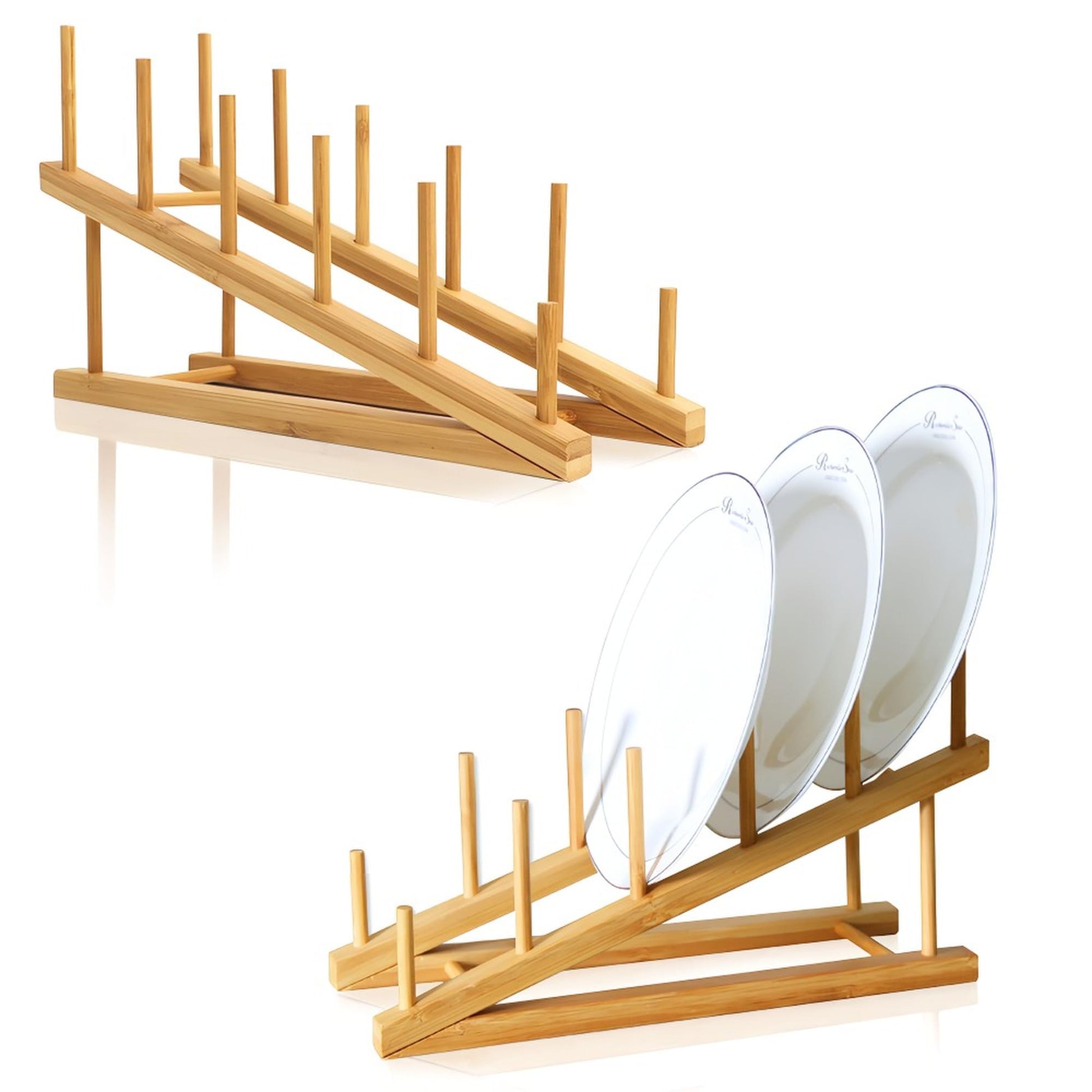 TIE-DailyNec 2 PCS Wooden Dish Rack Bamboo Drying Rack Stand Pot Lid Holder Kitchen Cabinet Organizer for Dish Plate Bowl Cup Pot Lid Cutting Board - WoodArtSupply