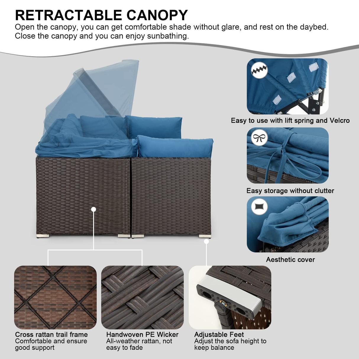 HOMREST 6 Pieces Patio Furniture Sets, Rattan Daybed with Retractable Canopy, Outdoor Sectional Sofa Set with Adjustable Backrest, Chaise Chair Sunbed for Garden Poolside Backyard (Blue) HOMREST