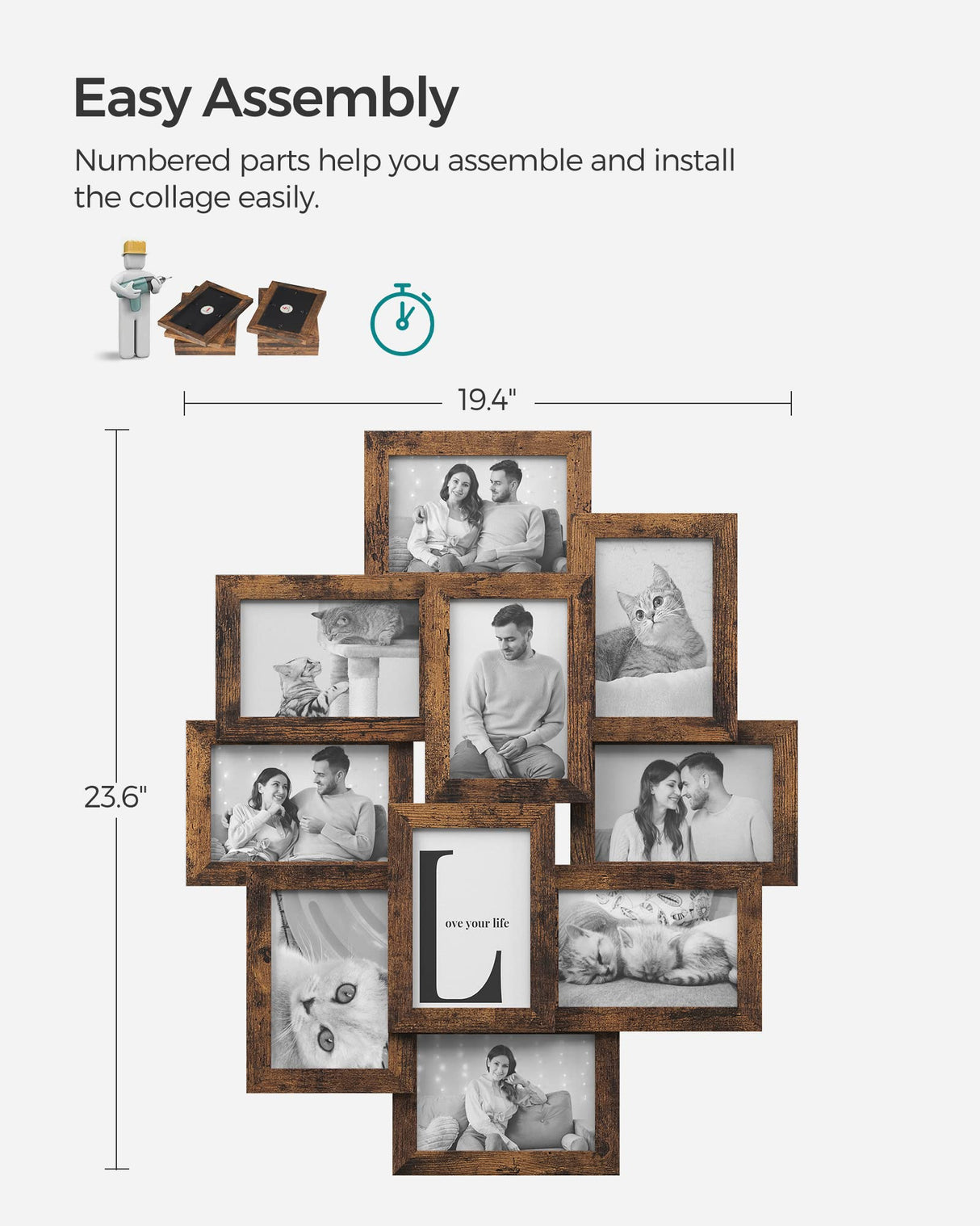 SONGMICS Collage Picture Frames, 4x6 Picture Frames Collage for Wall Decor, 10 Pack Photo Collage Frame for Gallery, Multi Family Picture Frame Set, Glass Front, Assembly Required, Rustic Brown SONGMICS