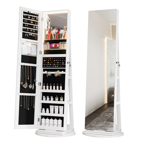 Kasibie Full Length Mirror Jewelry Armoire with LED Lights, Standing Mirror with Jewelry Storage, 360° Swivel Mirror with Storage, Jewelry Cabinet for Women Girl Gift Kasibie