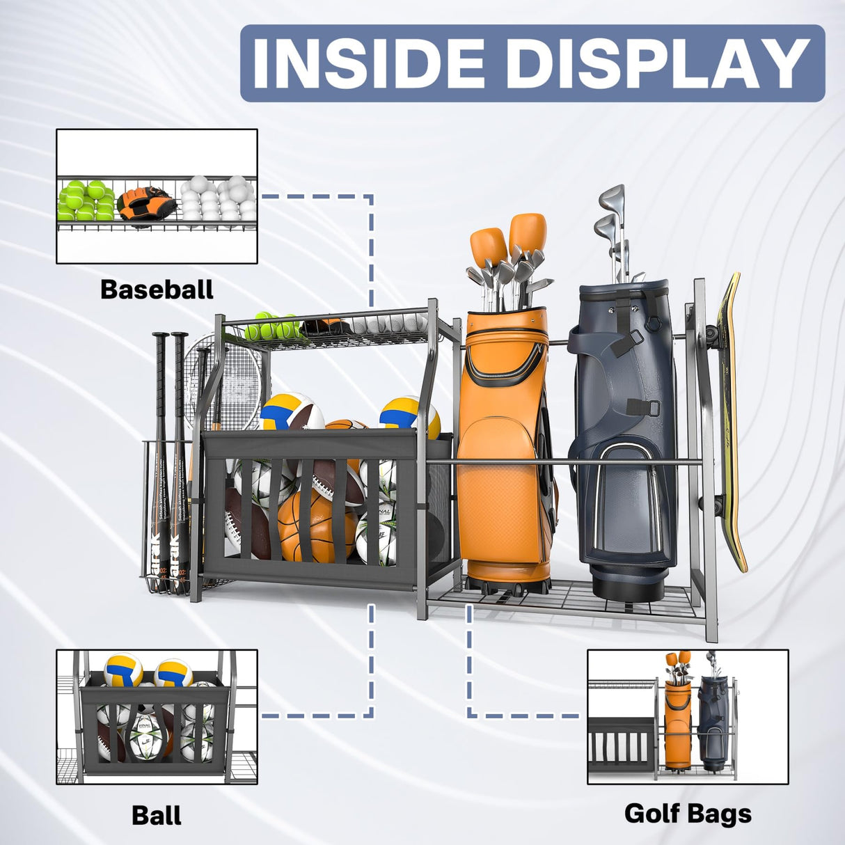 WALMANN Garage Sports Equipment Organizer, Ball Storage Stand, Indoor Golf Bags Stand for Garage WALMANN