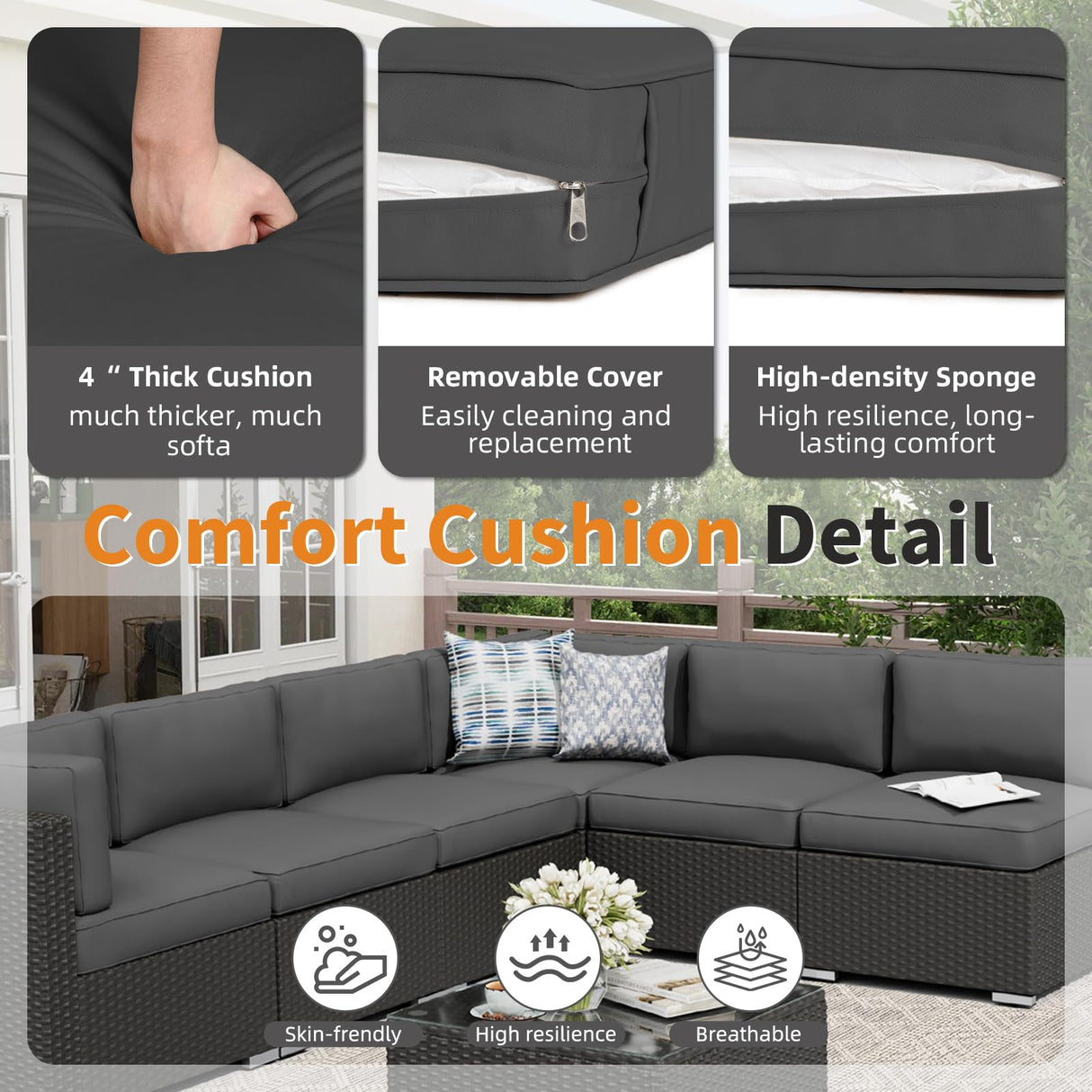 Oakcloud 8-Piece Outdoor Patio Furniture Sofa Set with 45” Propane Gas Fire Pit Table, Black Rattan Wicker Sectional Conversation Sets with Glass Top Tables and Cushions(Grey, w/Fire Pit Table) Oakcloud