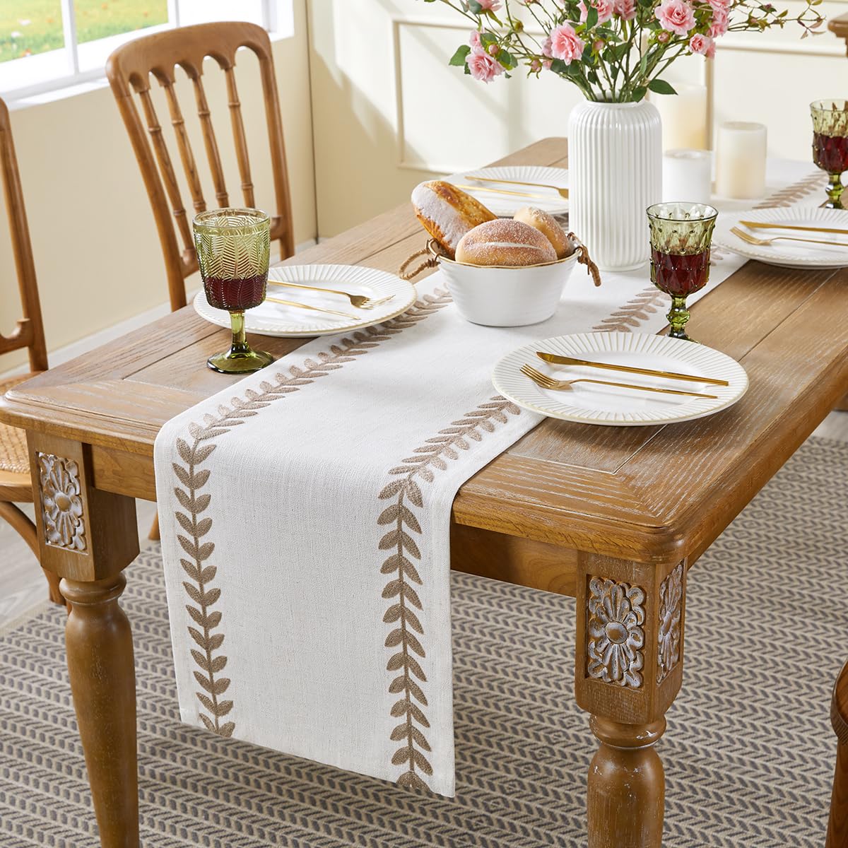 Aoztio Rustic Style Embroidered Table Runner, 13x72 Inch Irregular Willow Leaf Table Runners 72 Inches Long for Dresser Decor Farmhouse Table Decor, 13x72 Inche, Taupe Aoztio