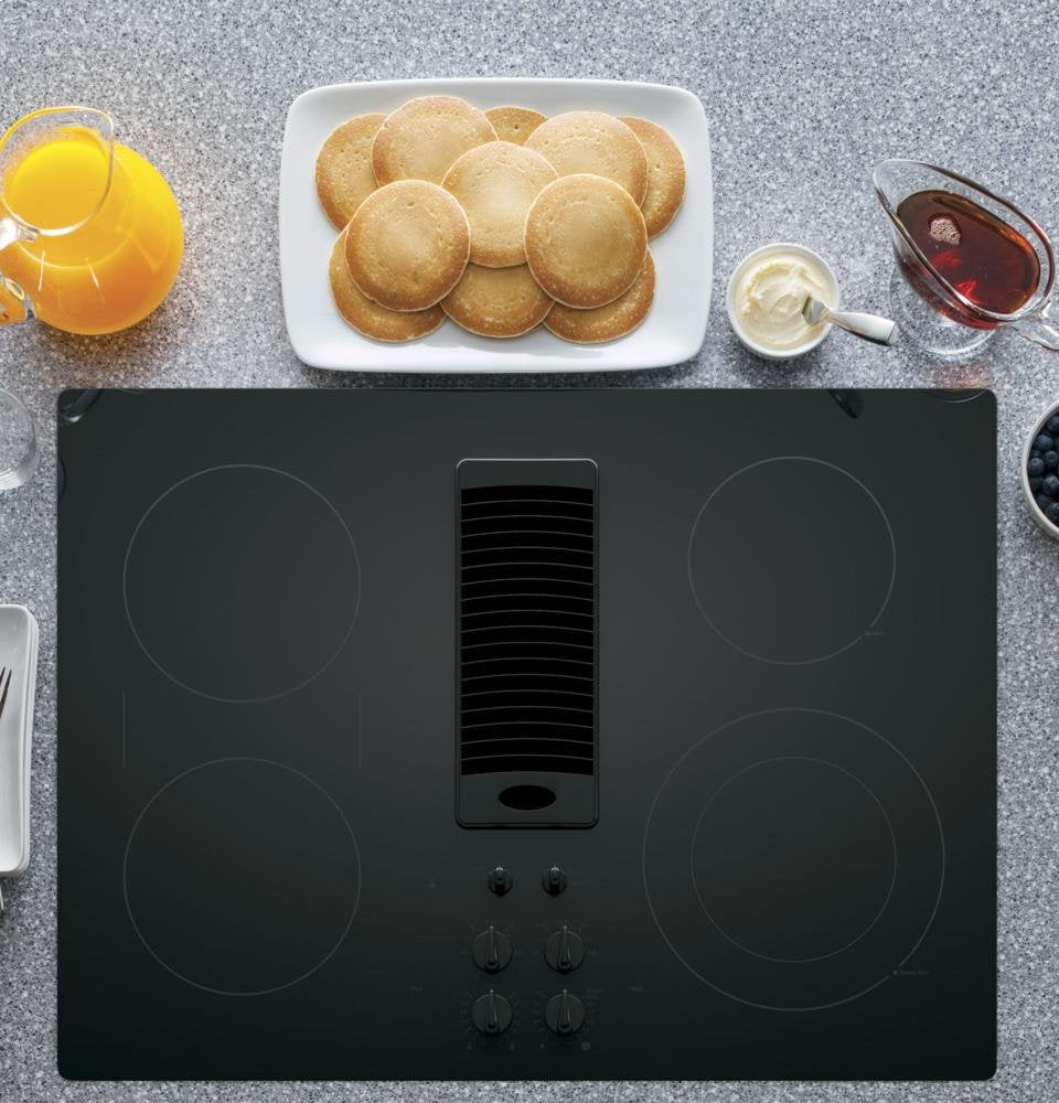 GE PP9830DJBB Profile Series Electric Cooktop with 4 Burners and 3-Speed Downdraft Exhaust System, 30", Black GE