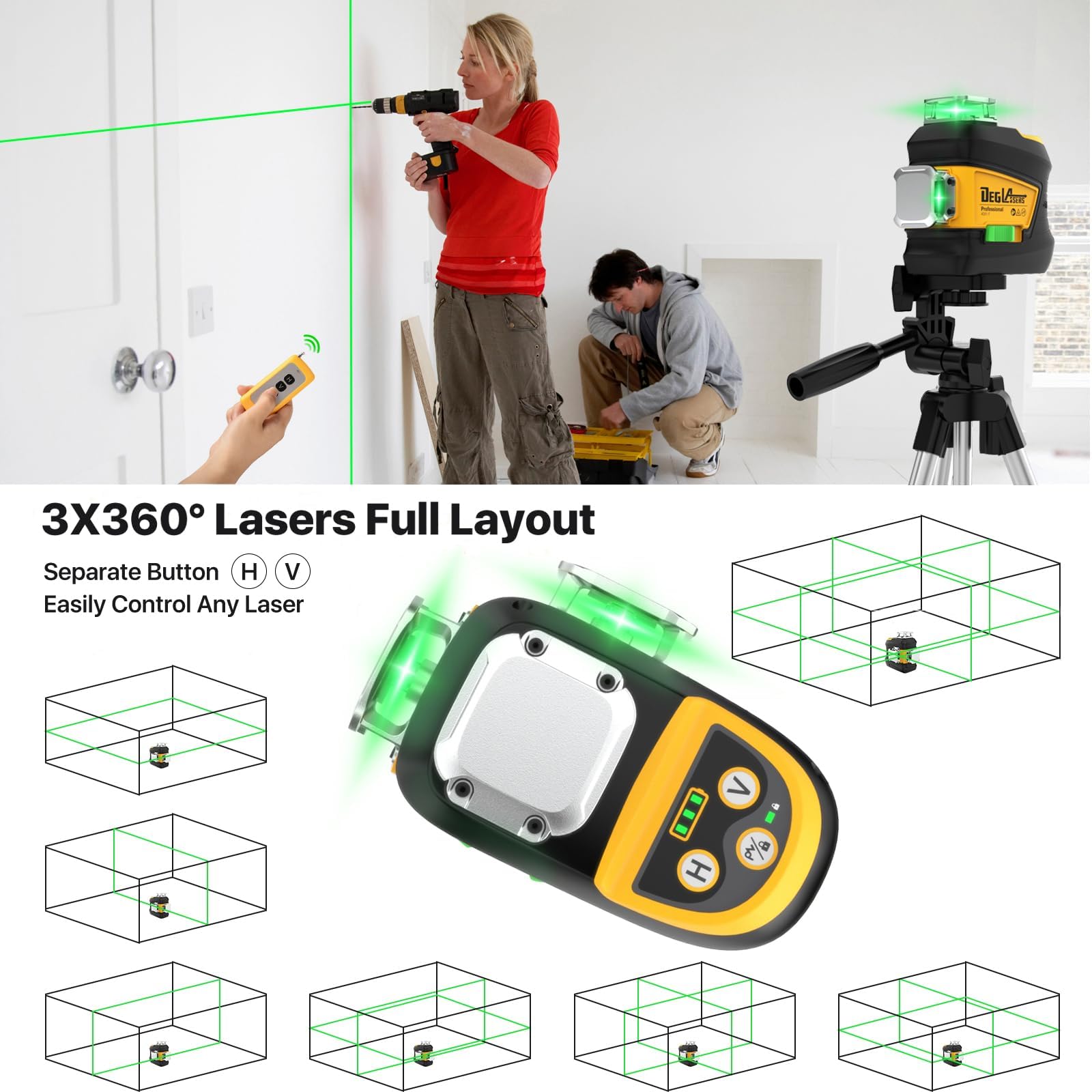 Laser Level 360 Self Leveling,DEGLASERS 3x360 Green Cross Line Laser Level for Construction and Picture Hanging with Rechargeable Battery(30Hrs), Remote Control, Magnetic Bracket, Portable Ba - WoodArtSupply