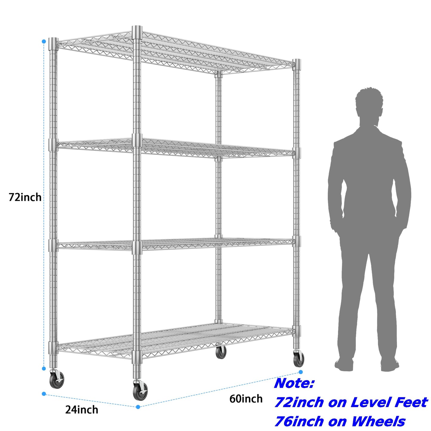 Homdox Heavy Duty Metal Shelves for Storage, 4 Tier Storage Racks and Shelving, Commercial Adjustable Wire Shelving Unit on Wheels, Garage Rack Pantry Shelves Kitchen Shelving, 24"x60"x72", Chrome