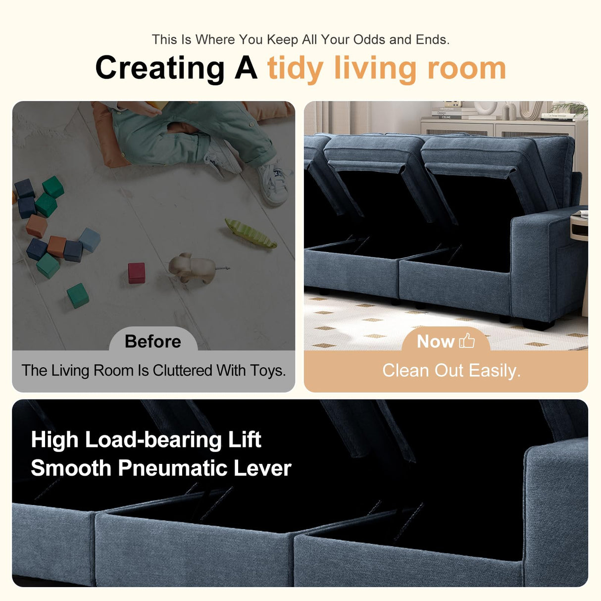 COOSLEEP 100" Sofa with Seats Storage, Comfy 3-Seater Chenille Fabric Couch for Living Room, Office, Apart W/Deep Seat, USB Charging, Upholstered Couch with Removable Cover, (Blue) COOSLEEP HOME