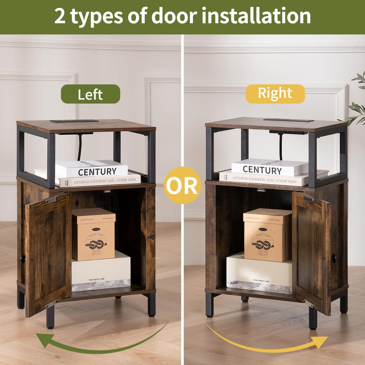 Yoobure Farmhouse Nightstand with Charging Station, Wood Night Stand End Table with USB Ports, LED Bed Side Table with Storage Cabinet, Bedside Table for Bedroom, Living Room Rustic Brown Yoobure