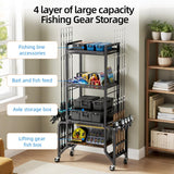 ZERTNROW Fishing Gear Storage Fishing Pole Holders for Garage- Rod Holder up to 10 Rods with Wheels and 4 layer of large capacity Shelf，Fishing Organizer for Large Tackle Box -Fishing Gear Storage ZERTNROW