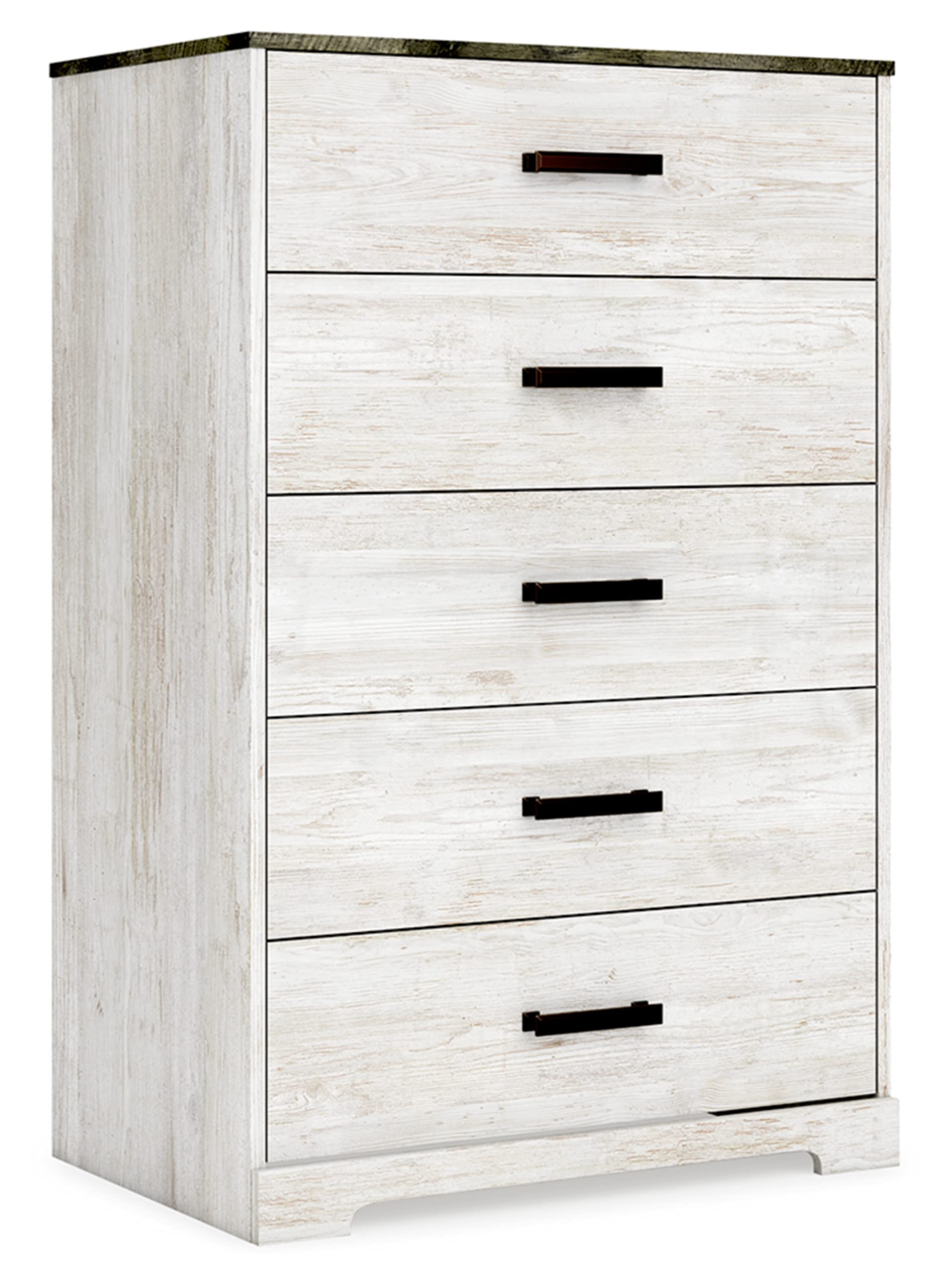 Signature Design by Ashley Shawburn Rustic 5 Drawer Chest of Smooth-Gliding Drawers and Safety Stop, White & Gray - WoodArtSupply