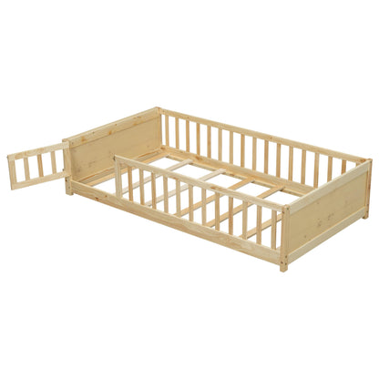 Mirightone Twin Size Montessori Floor Bed with Rails and Storage Bookcase in Natural - WoodArtSupply