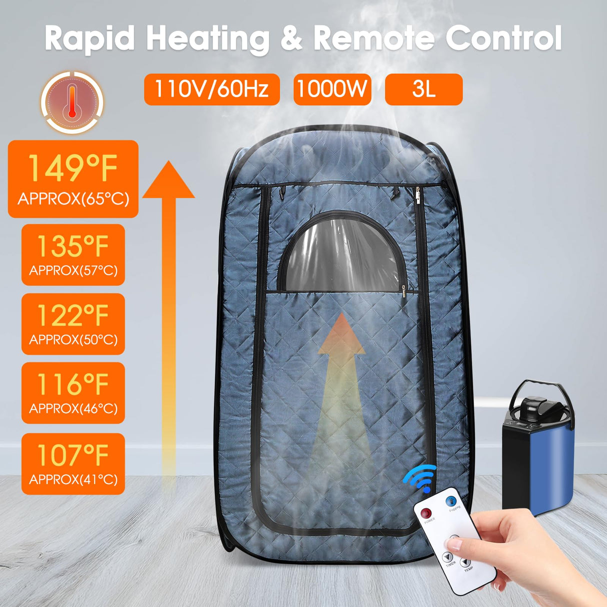 Portable Steam Sauna, Steam Saunas for Home, Personal Sauna for Home, Pop up Sauna Box Tent with 3 L Steamer, 9 Levels, UV Atomization,90 MinTimer, Remote Control, Folding Chair-Blue Sunakie