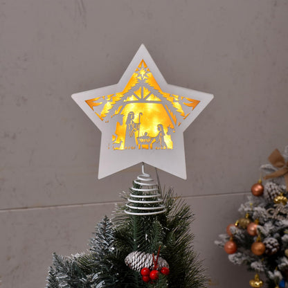 GHOSTMAGIC Christmas Tree Topper Star Nativity 7.87 x 9.25 inches Wooden Xmas Tree Top Star with 3 Modes LED Light Treetop Decoration for Christmas Bar Shop Office Home Decor (White)