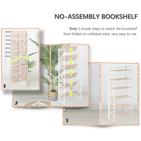 4NM 6 Tiers No Assembly Book Shelves, 61.8" H Folding Bookshelf Bookcase Open Industrial Foldable Shelves for Bedroom, Living Room, Home Office - Natural White 4NM