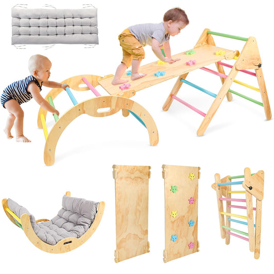 Pikler Triangle Set with Cushion, 7 in 1 Wooden Climbing Toys for Toddlers 1-3 Inside, Toddler Climbing Toys Indoor with Ramp, Arch and Ladder, Montessori Foldable Climbing Set for Toddlers and Kids