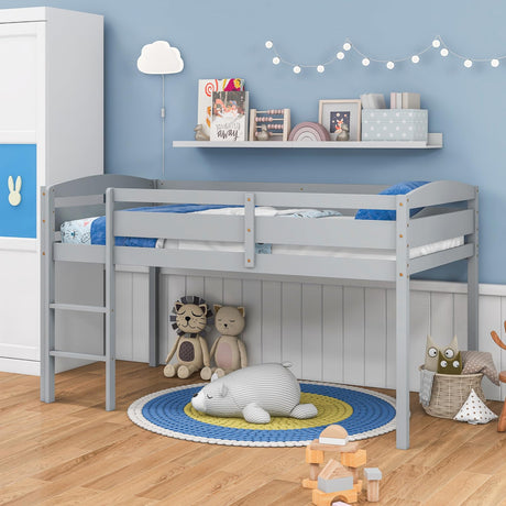 Giantex Twin Loft Bed with Ladder, Wood Low Profile Loft Bed with 30" Clearance & Safety Guard Rails, Space-Saving Loft Bed Frame for Kids Teens Junior, No Box Spring Needed, Kids Bed Frame, Grey Giantex