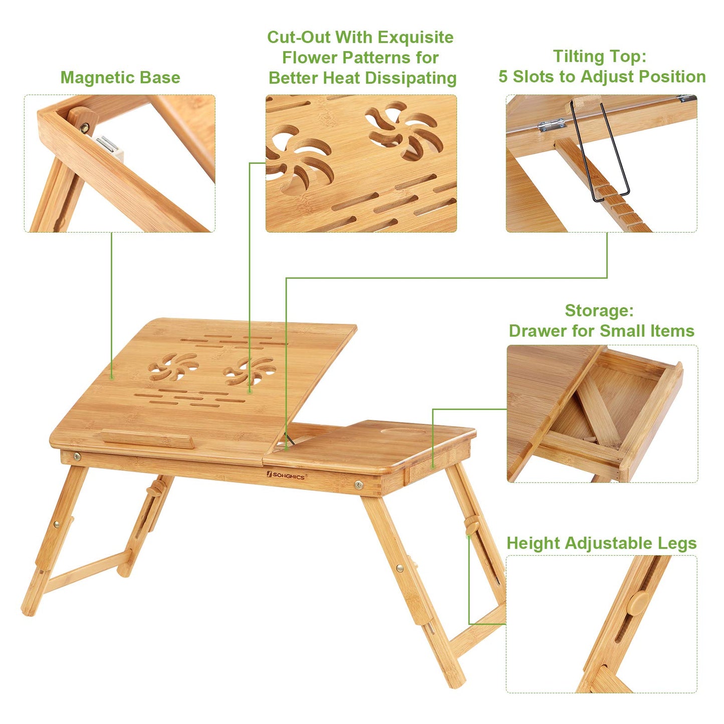 SONGMICS Bamboo Laptop Desk Serving Bed Tray Breakfast Table Tilting Top with Drawer - WoodArtSupply