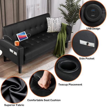 AILEEKISS 62" Loveseat Couches Upholstered Leather Love Seat Sofas Couch with 2 USB, Cup Holders, Side Pocket, Mid-Century Modern Tufted Sofa for Living Room,Office,Bedroom,Apartment (Black, 2-Seat) AILEEKISS