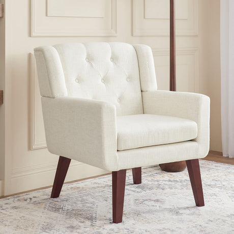 Accent Reading Chair Button-Tufted Upholstered Comfy Mid Century Modern Chair with Linen Fabric Lounge Arm Chairs for Living Room Bedroom (Beige) Living&Giving