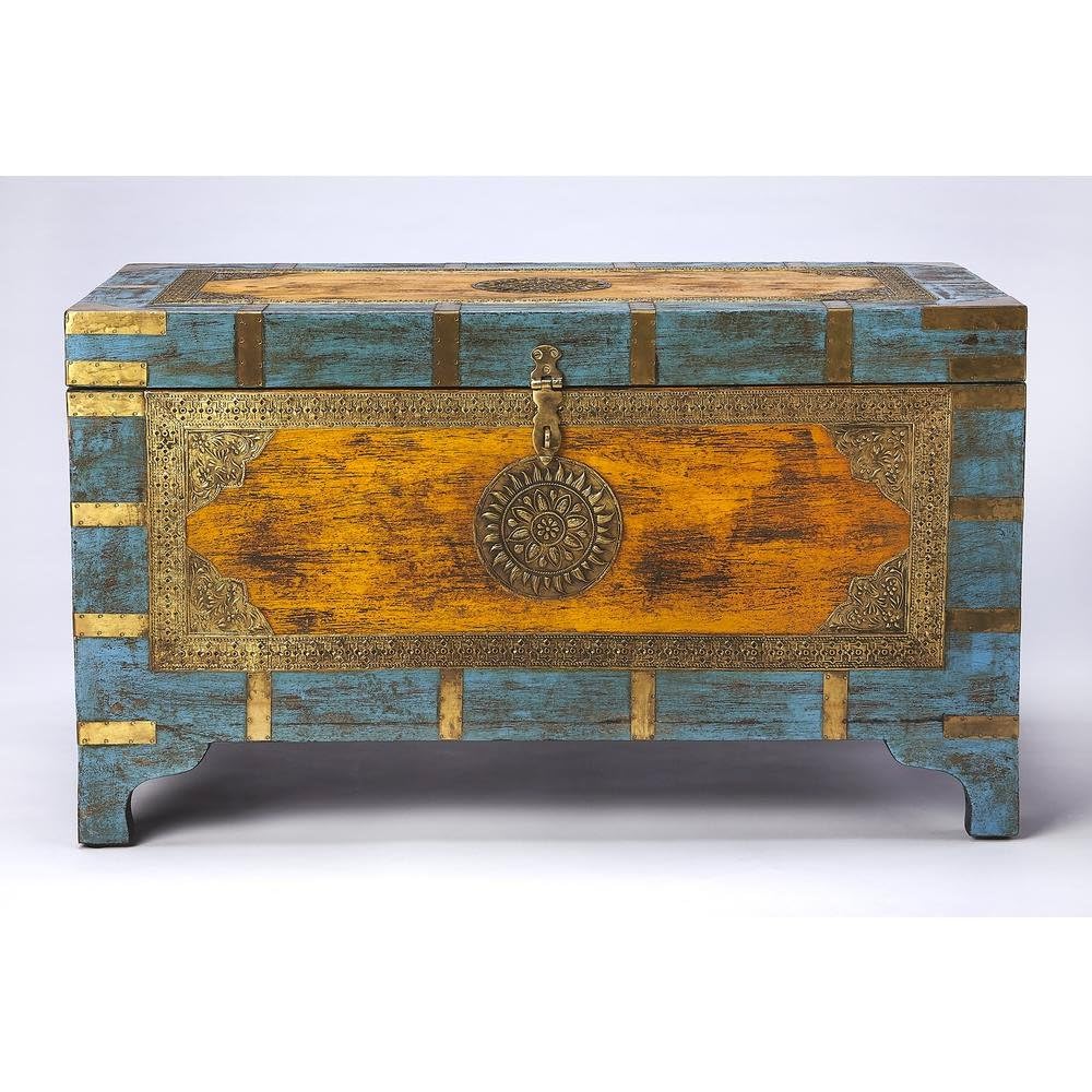 Starlight Canyon Home Mango Wood Storage Trunk Coffee Table with Brass Inlay, Hope Chest and Steamer Trunk for Living Room or Bedroom Decor Starlight Canyon Home