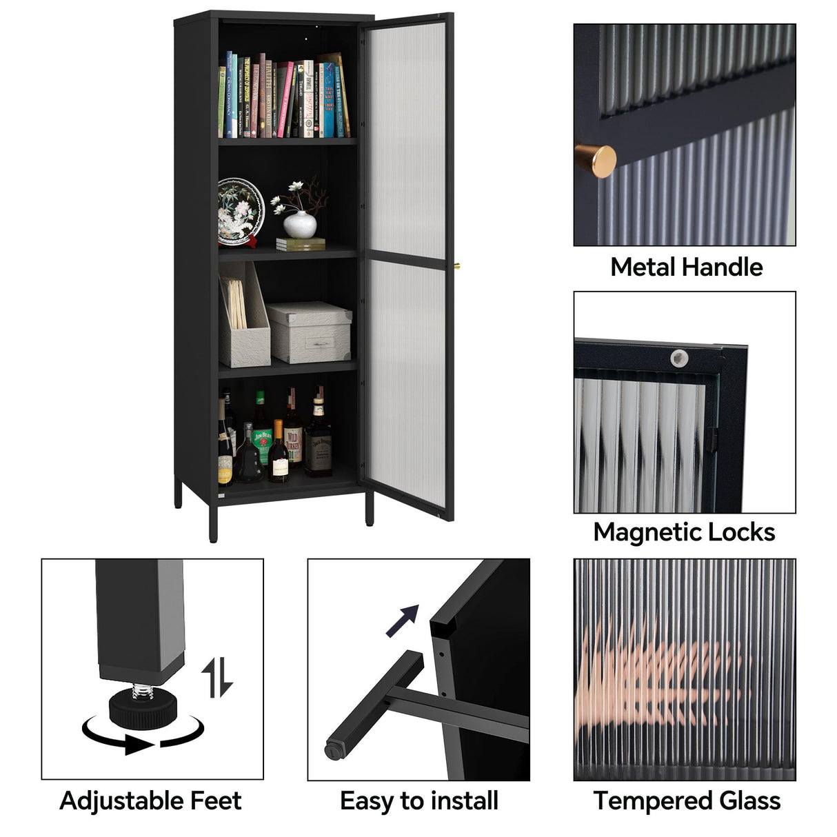 MIOCASA Metal Storage Cabinet with Glass Door, Steel File Cabinet with 3 Shelves 59.06-inch high for School, Bedroom, Home Office, Gym and Changing Room - Black MIOCASA