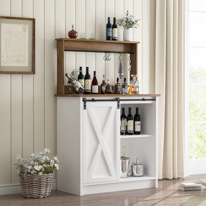 4ever2buy Farmhouse Coffee Bar Cabinet with Storage, Kitchen Buffet Sideboard Storage Cabinet with 6 Hooks,White Coffee Bar Table with Sliding Barn Door & Adjustable Shelf for Living Room